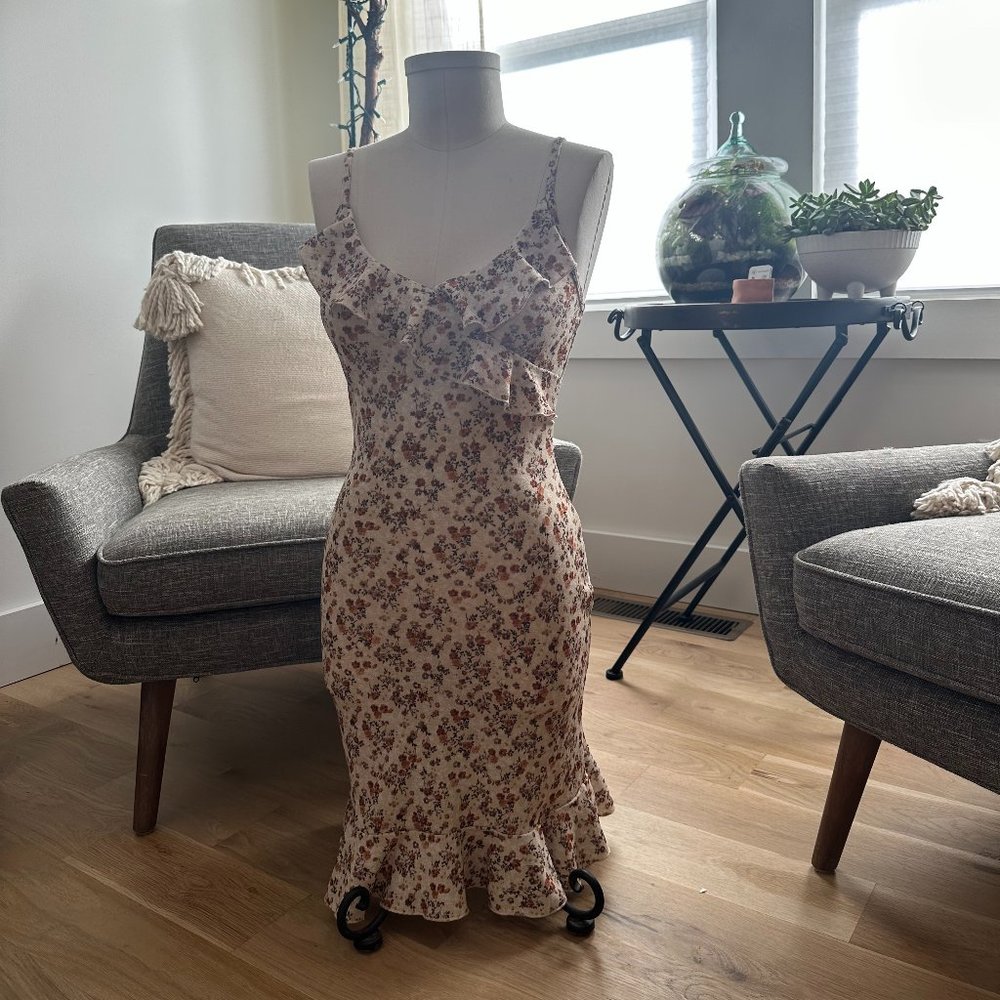 90S WOMENS VINTAGE FLORAL NEUTRAL TONE STRETCH DRESS